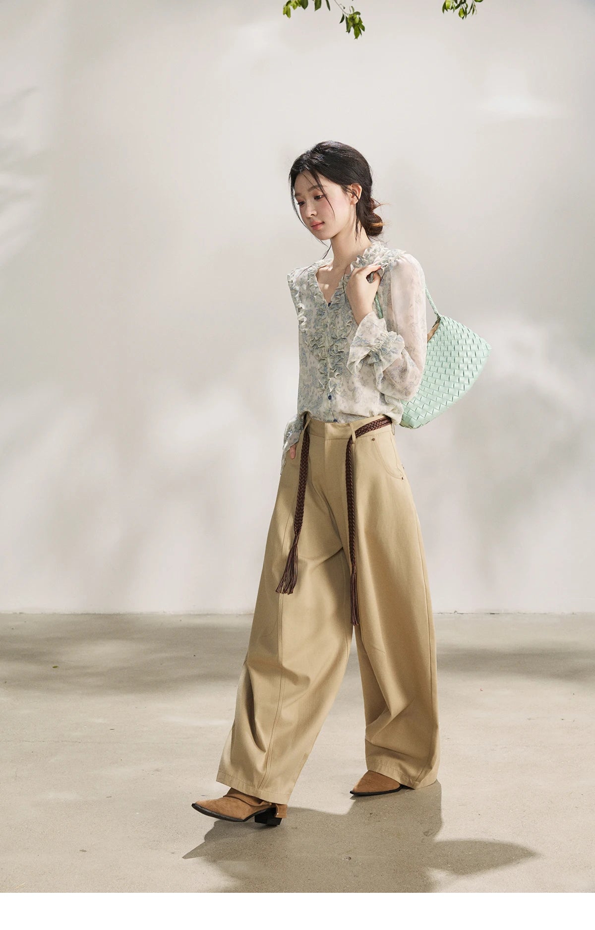 MISHOW Women's Khaki Wide Leg Pants 2026 Spring High Waist Belted Pants Rear Fake Pocket Design Casual Loose Trousers MXF13K1237