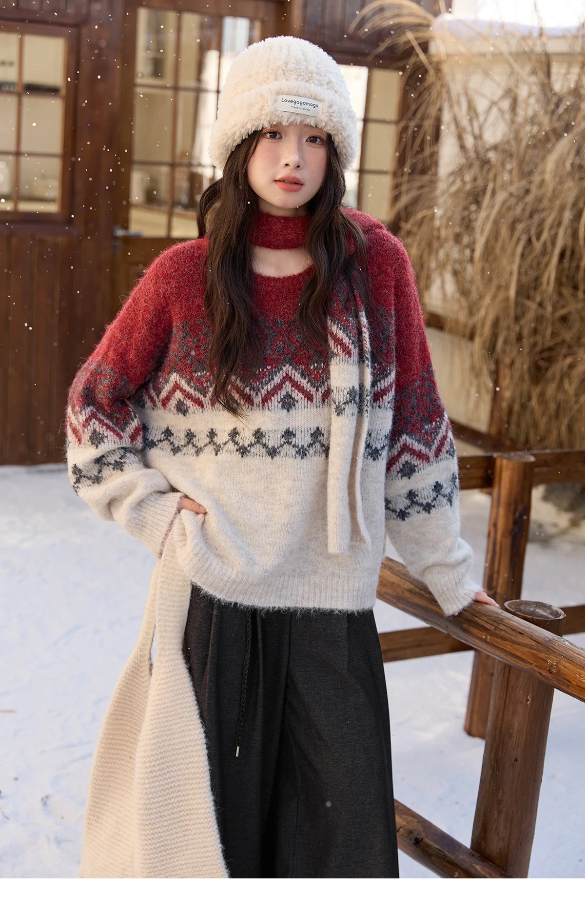 MISHOW Christmas Jacquard Retro Sweater Winter Geometric Red Scarf Fair Isle Sweater Wool Blend Thickened Knitted Top MXE51Z2628