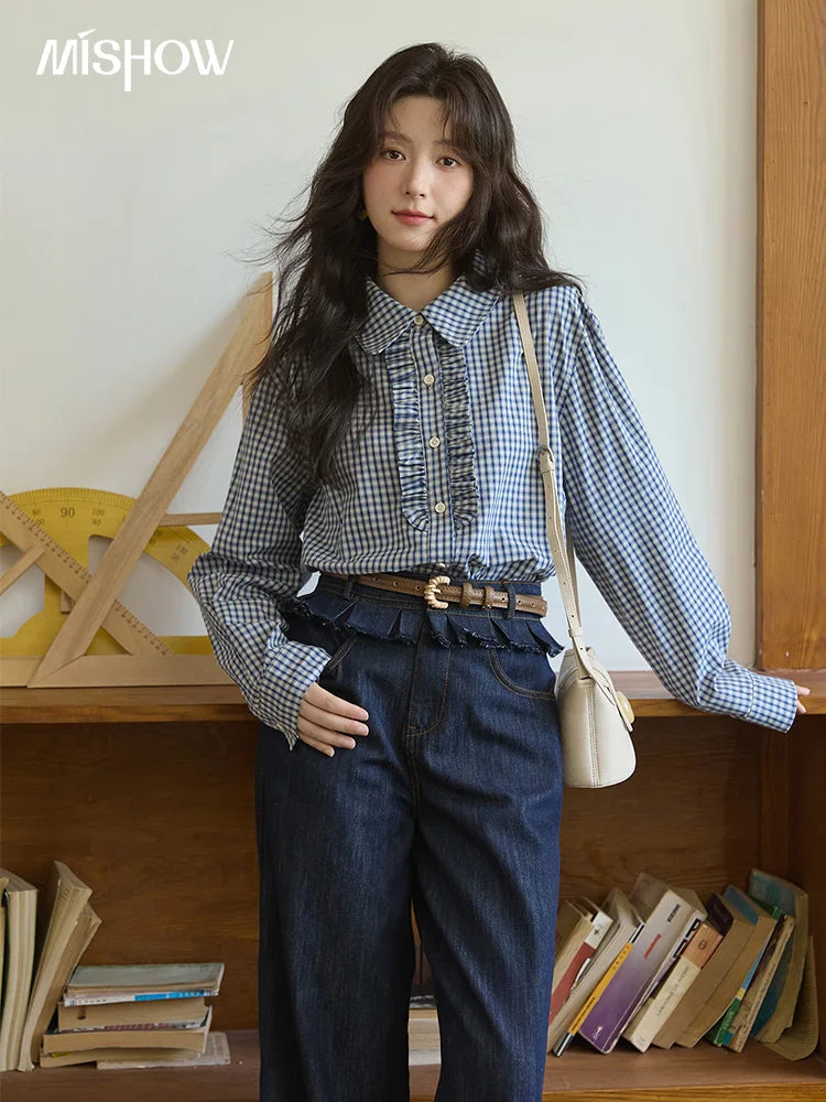 MISHOW Autumn Blue Plaid 100 Cotton Shirts 2025 Doll Collar Dropped Shoulder Sleeves Casual Top Retro Commuter Shirt MXE44C2391
