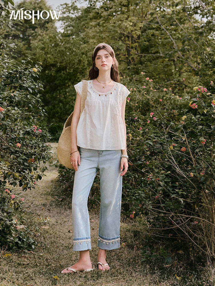 MISHOW French Summer Elegant Blouses Women 2025 Solid Short Flying Sleeve Round Neck Hollow Lace Shirts Woman Fashion MXE33X1778