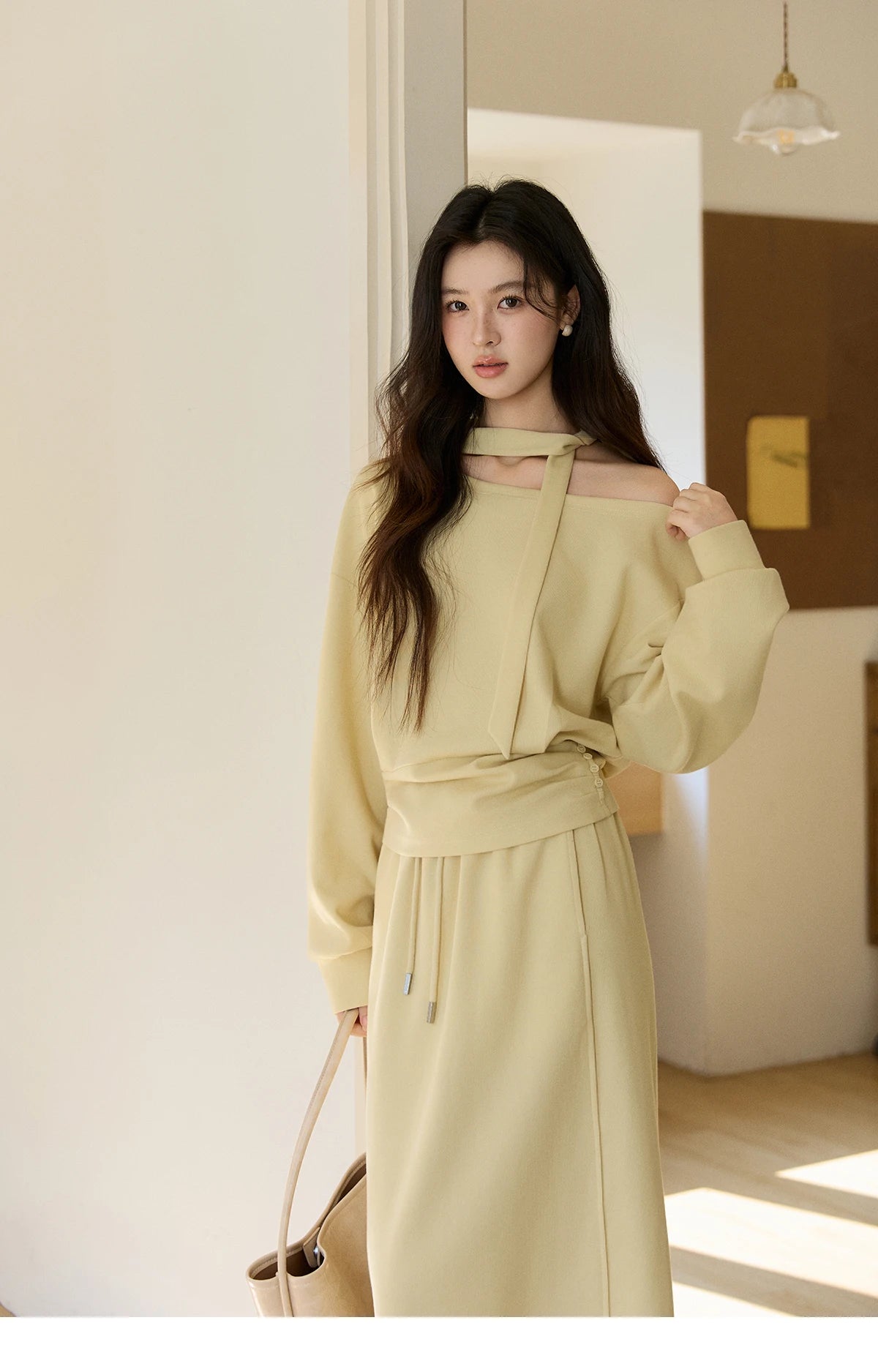 MISHOW Women's Light Yellow Two-Piece Set Asymmetrical Off-shoulder Pullover Top Rear Fork Midi Skirt Set with Ribbon MXE11T1489