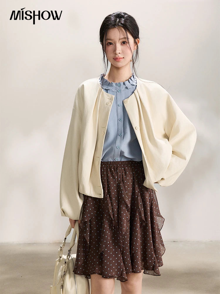 MISHOW Imitation Protein Skin Short Flower Bud Leather Jacket 2026 Spring Ruffled Collar Casual Loose Button-Up Coat MXF108W1019