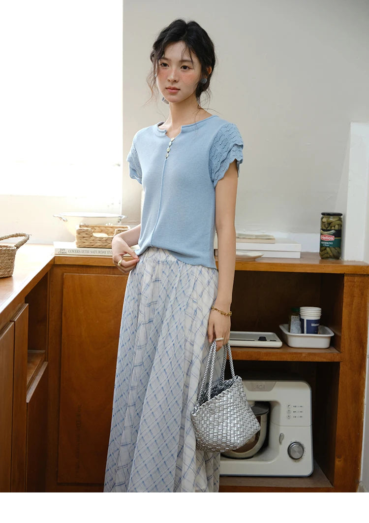 MISHOW Patchwork Plaid Chiffon Half Skirt for Women 2025 Summer Fashion Irregular Wave Edge High Waist A-line Skirt MXE34B0739