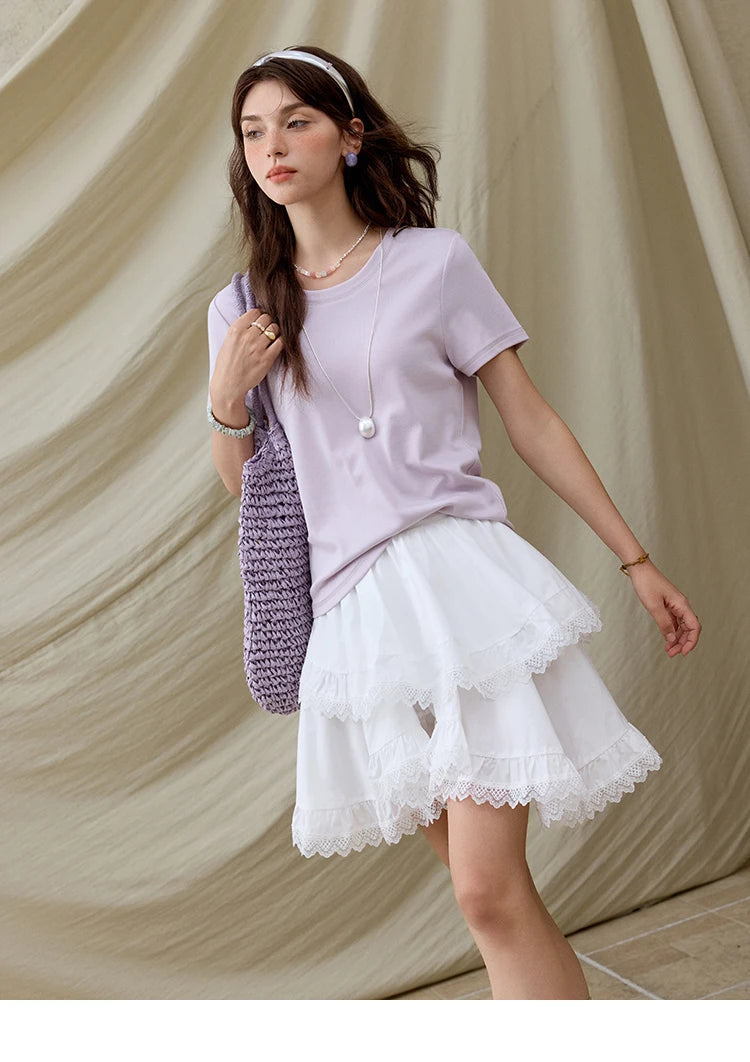 MISHOW Casual Summer T-shirts Women Short Sleeve Round Neck Solid Straight Shoulder Shirt Female Fashion Slimming New MXE31T0532