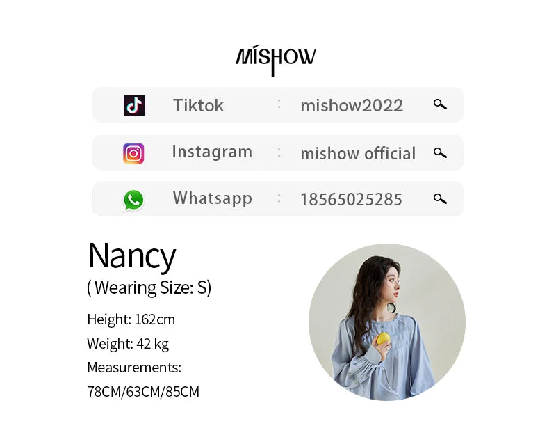 MISHOW Blue Lace Patchwork Shirt for Women 2025 Spring Sleeve Lace-up Hem Wave Edge Top Lantern Sleeve Loose Shirt MXE14X1716