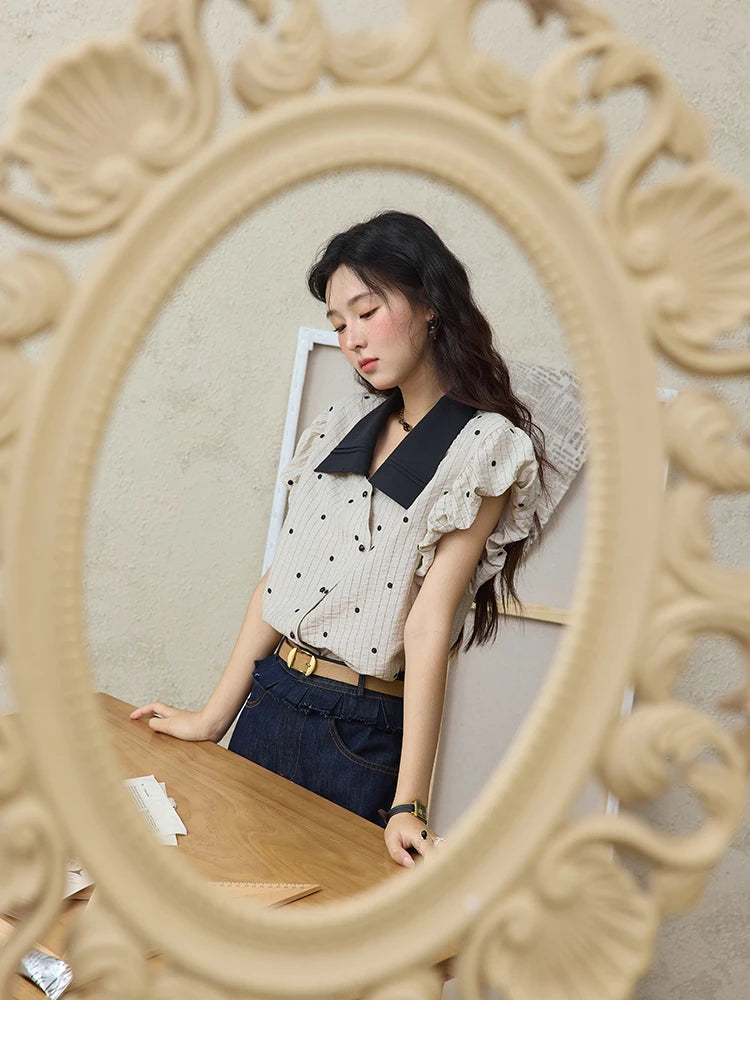 MISHOW Summer Office Lady Blouses Women 2025 Short Sleeve Turn-down Collar Polka Dot Shirts Female Fashion Slim Tops MXE31C0776