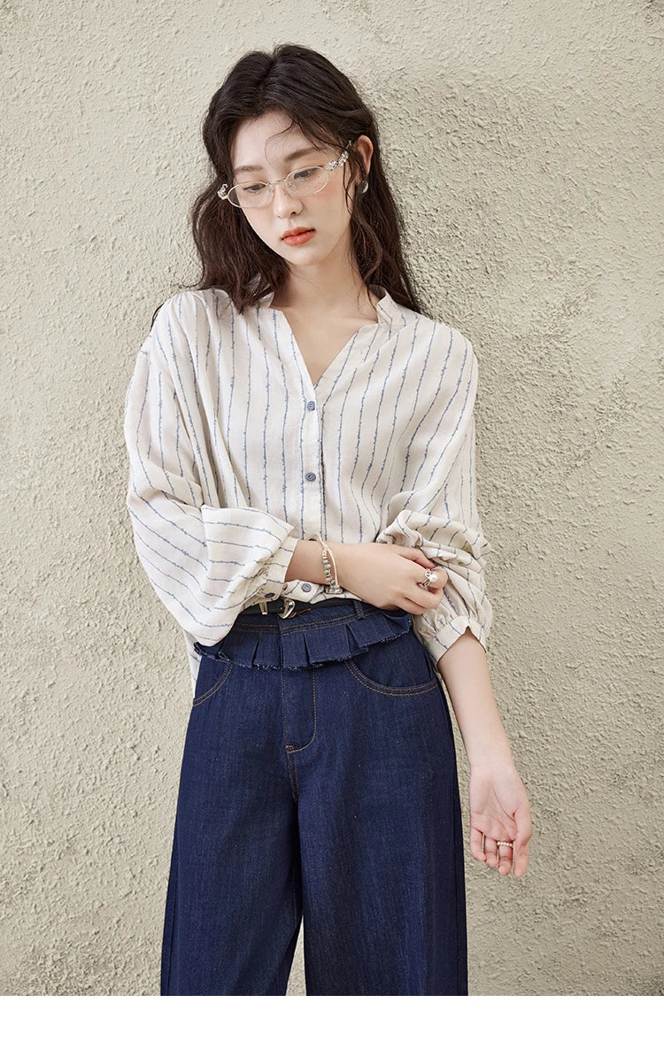 MISHOW Casual Spring Summer Jeans for Women 2025 Stitching Ruffle High Waist Jeans Female New Fashion Wide Leg Pants MXE16K0907