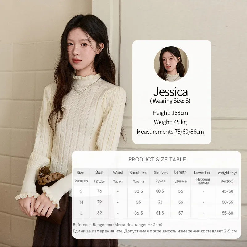 MISHOW Women's Half Turtleneck Ruffle Trim Lantern Sleeve Bottoming Tops 2025 Winter Vertical Rib Slim Knitted Top MXE93Z2810