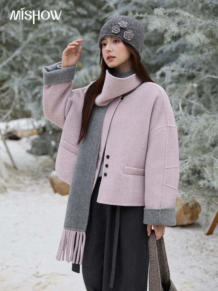 MISHOW Women's Tweed Wool Double-Faced Short Coat with Scarf 2025 Winter Loose Warm Outerwear O-neck Coat Office Lady MXE86W0977