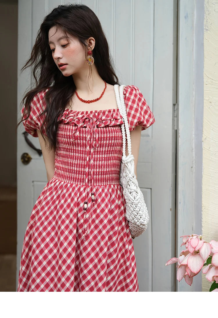 MISHOW Women's Retro Red Plaid Dress 2025 Summer New Square Neck Lace Up Hollow Out Spliced Dresses Women's Clothing MXE39L2324