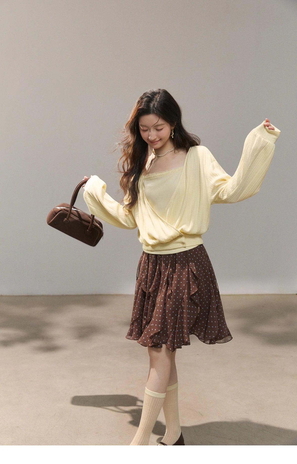 MISHOW Women's Lemon Yellow Two-Piece Set Spring Knitted Lantern Sleeve Pullover Tops Strap Lace Edge Camisole Set MXF13T1513