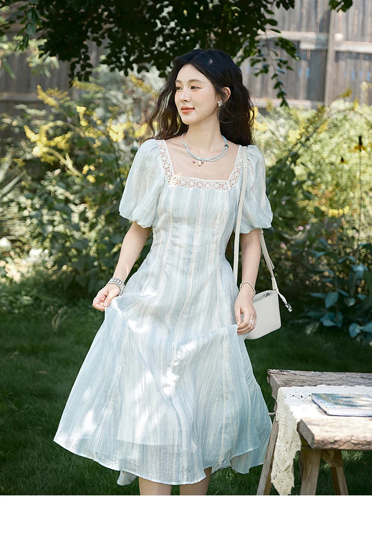 MISHOW Women's Summer Dress 2025 New Fashion Striped Square Neck Spliced Lace Hollow Out Dress Waist Lace Up Dresses MXE39L2403