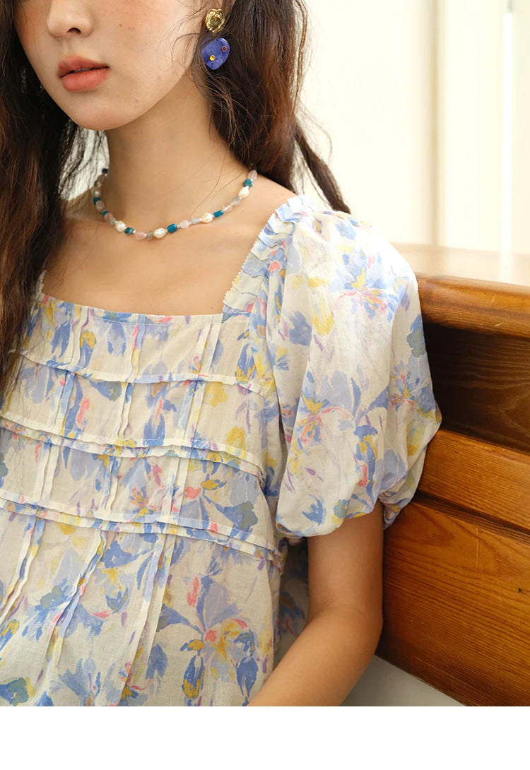 MISHOW Fashion Square Neck Puff Sleeve Blouse for Women 2025 Summer New French Sweet Loose Print Top Ladies Clothing MXE39X1937