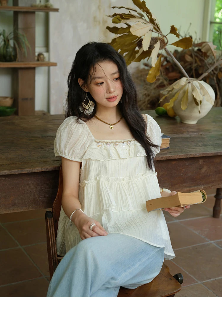 MISHOW French Summer Blouse Women New 2025 Short Sleeve Square Collar Cake Ribbon Shirts Female Fashion Slimming Tops MXE33X1763