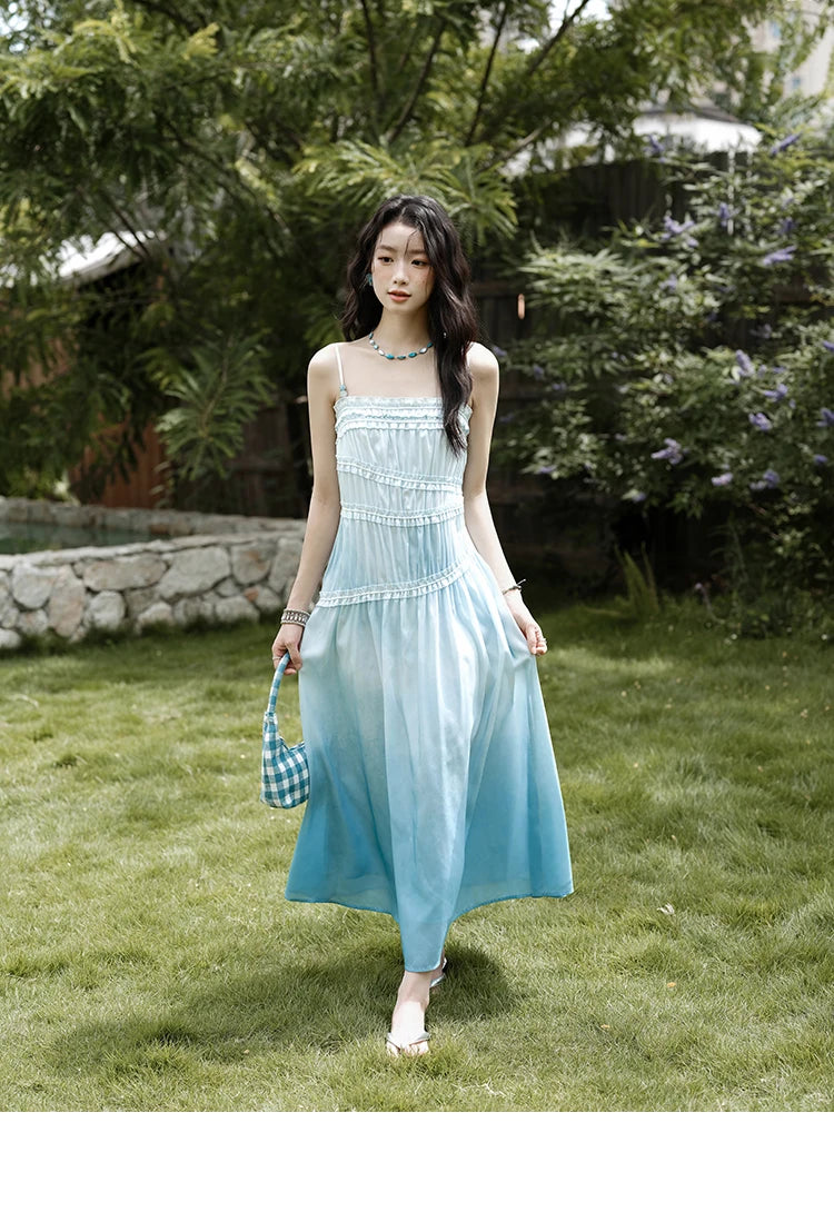 MISHOW Female Fashion Gradient Strap Dress 2025 Summer Sleeveless Black Fungal Edge Sashes Women's Vacation Dresses MXE34L2242