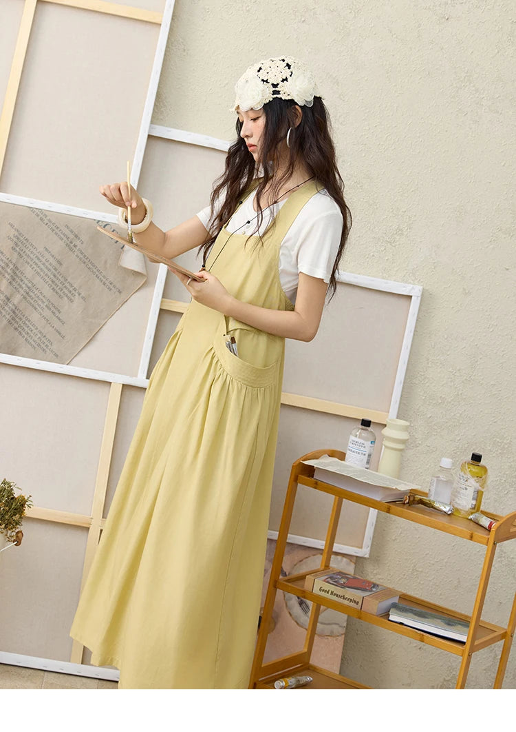 MISHOW Women's Cargo Large Pocket Strap Dress 2025 Summer Lemon-yellow Sleeveless Dress Retro Square Neck Loose Dress MXE35L2302