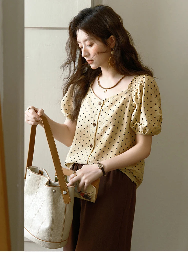 MISHOW Women's Polka Dot Puff Sleeve Blouse 2025 Summer New Ladies Button Retro Sweet V-neck Top Women's Clothing MXE37X1859