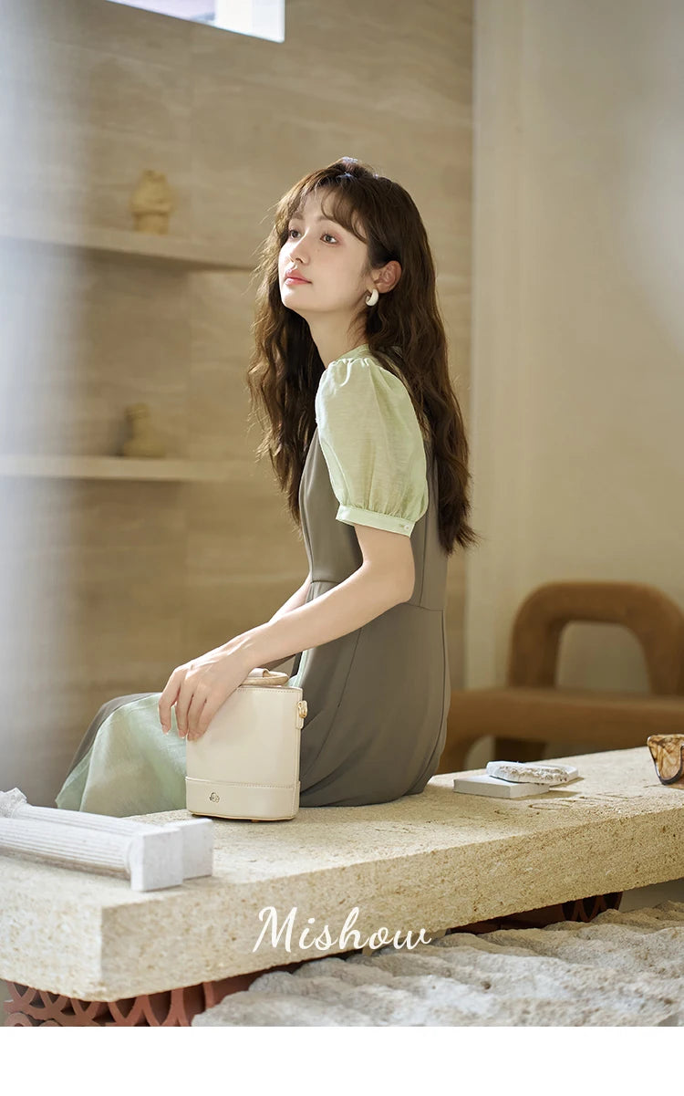 MISHOW Chinese Style Dress for Women 2023 Summer Waist Puff Sleeve Patchwork Fake Two Pieces French Slim Long DressES MXC35L1354