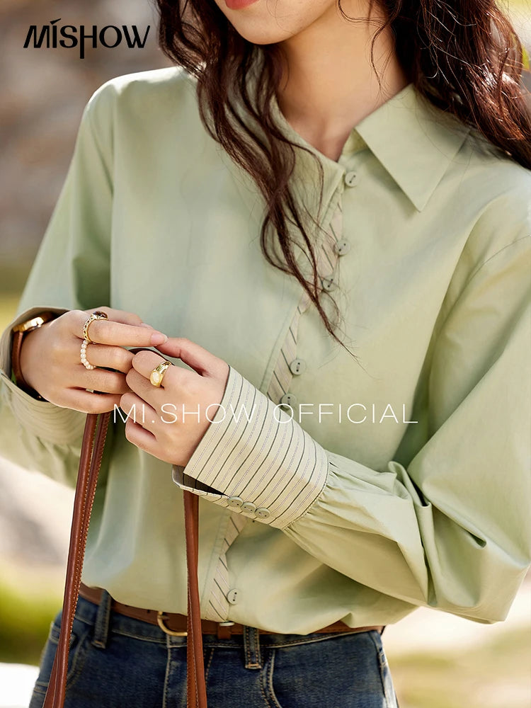 MISHOW Striped Patchwork Shirt for Women Spring 2025 Irregular Single Breasted Buckle Shirts Lapel Tops Office Lady MXE12C0412