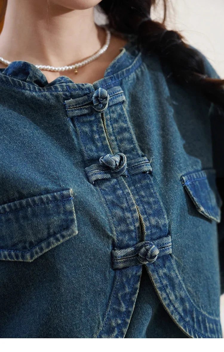 MISHOW Retro Chinese Buckle Denim Short Jacket U-neck Vest Dress Separately 2025 Autumn Casual Coat Knee-Length Dress MXD14L1771