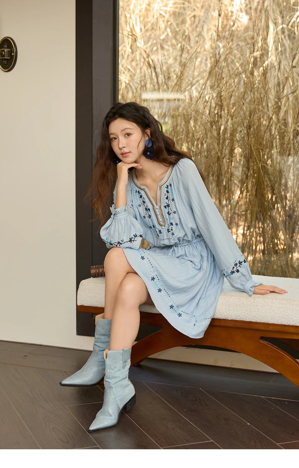 MISHOW Woman Long Sleeve Dress Autumn Elegant V-neck Embroidered Drawstring Waist Dress A-line Bohemian Midi Dresses MXE44L2489