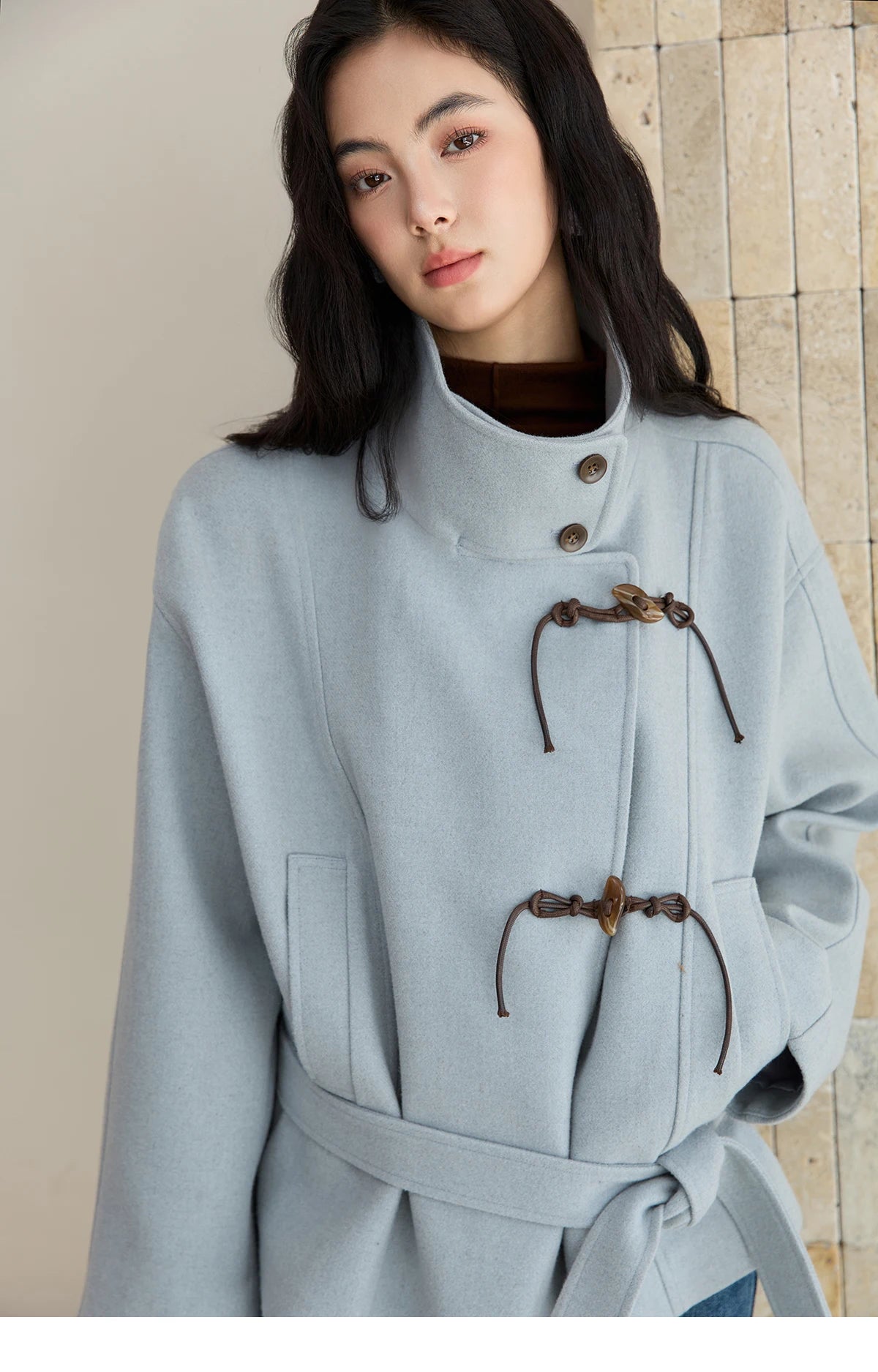 MISHOW Blue Woolen Coat Women 2025 Winter New Double-breasted Lace Up Coat Mid-length Windbreaker Women's Clothing MXE51W0872