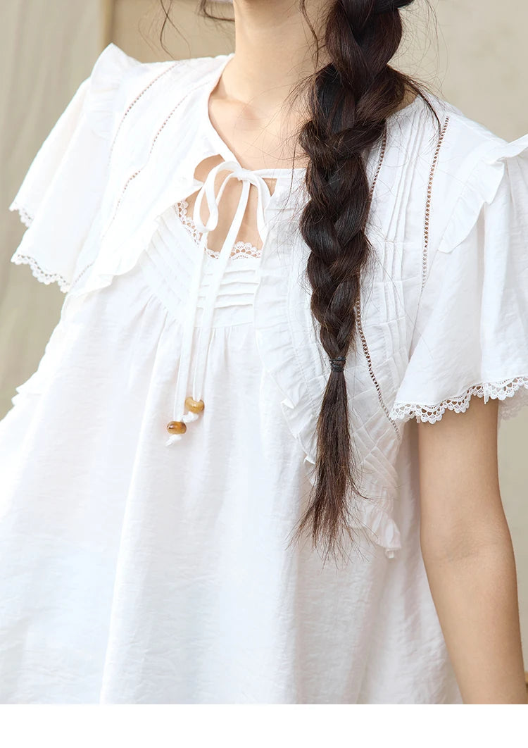 MISHOW White Lace Up Blouse Women's 2025 Summer New Fashion Butterfly Sleeve Hollow Lace Splicing Top Female Clothing MXE34X1784