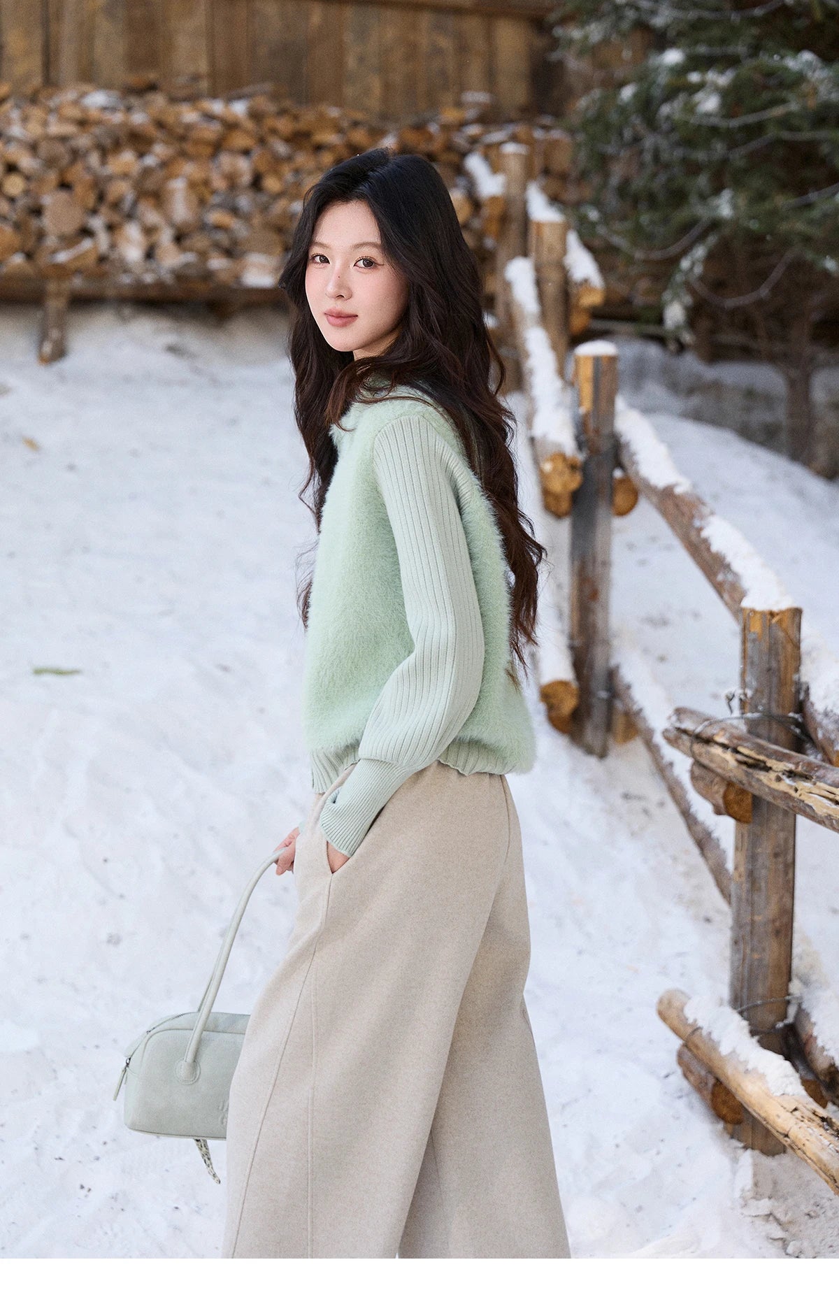 MISHOW Women's Green Faux Mink Fur Patchwork Knitted Cardigan Winter Lapel Warm Soft Knit Top single-breasted sweater MXE86Z2764