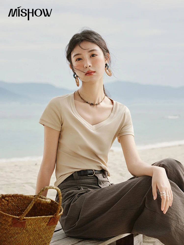 MISHOW Cotton Casual T-shirts Women New 2025 Short Sleeve V-neck Solid Versatile Shirt Female Fashion Basic Tops Lady MXE33T0519