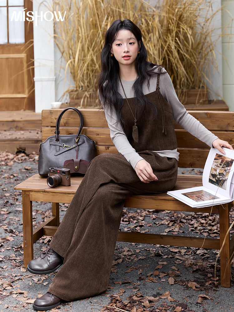 MISHOW Three-piece Suit Women 2025 Retro Brown Vest Wide-leg Pants Gray Long Sleeves Tops Autumn Women's Pants Set MXE49T1422