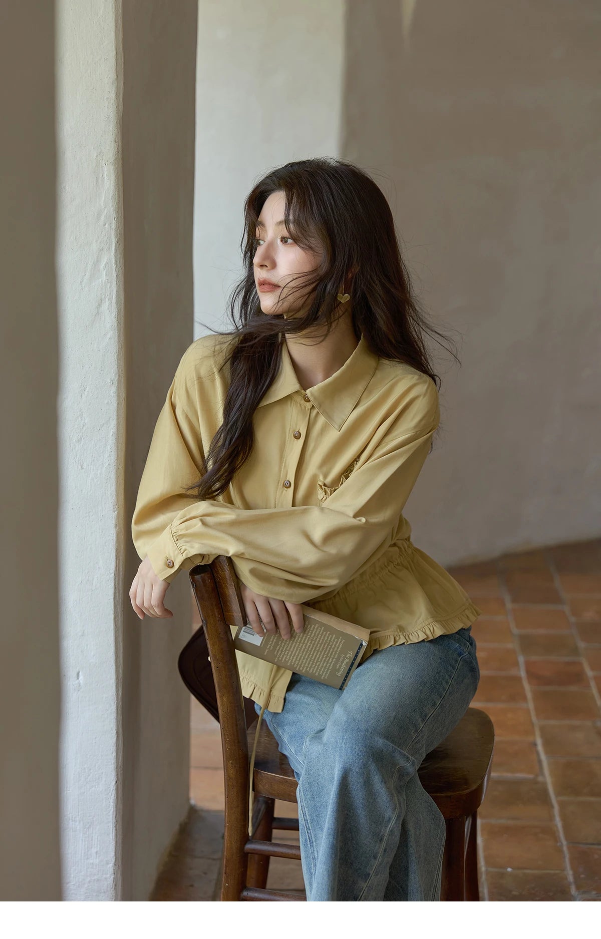 MISHOW Autumn French Drawstring Waist Shirt 2025 Yellow Hem Lotus Leaf Top Female Lapel Lantern Sleeve Commuter Shirt MXE42C2368