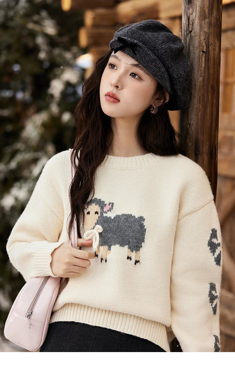 MISHOW Soft Lamb O-Neck Pullovers Color Clash Spliced Knitted Sweater 2024 Winter Women Clothes Thickened Warm Tops MXD59Z1140
