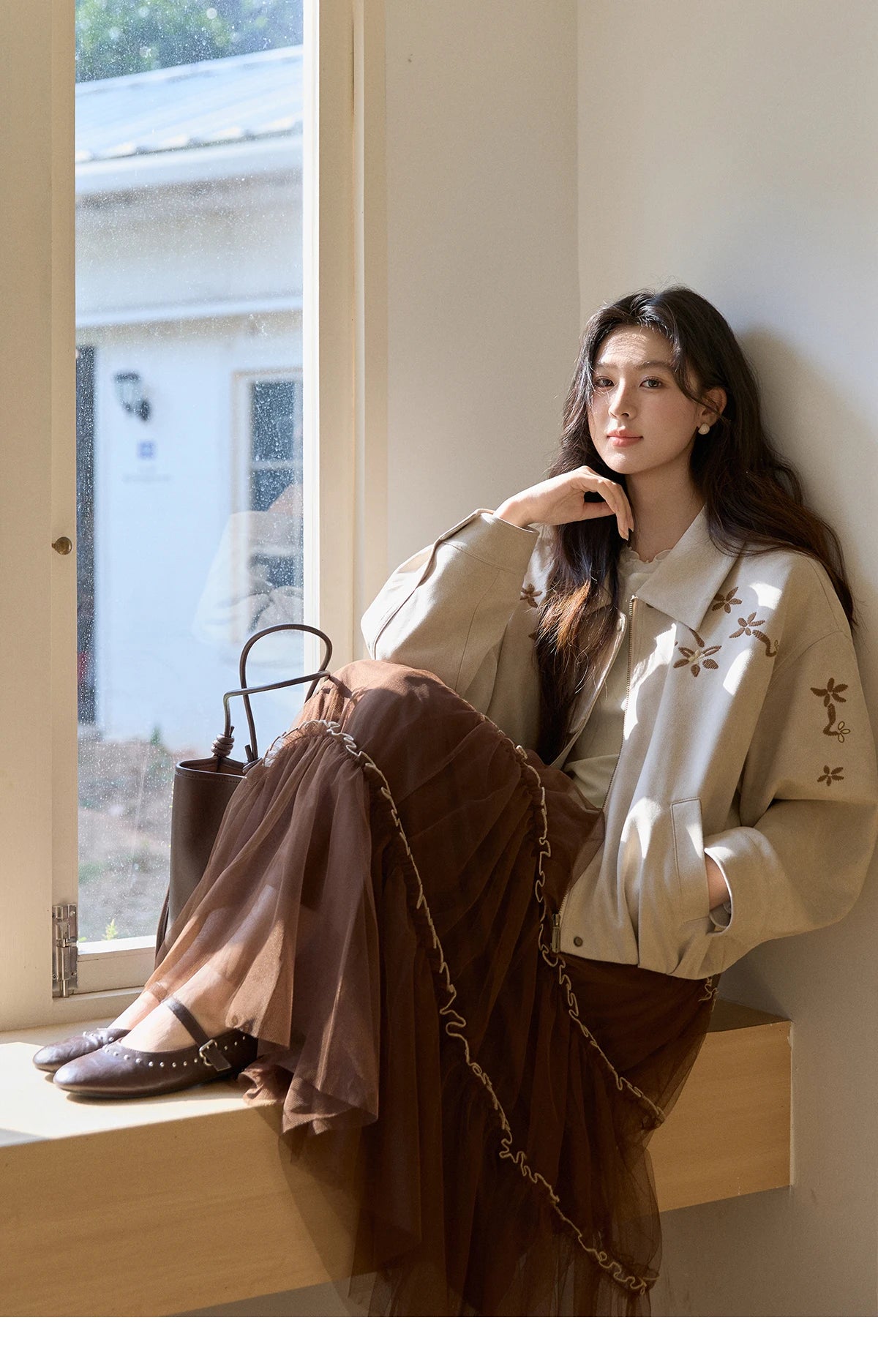 MISHOW Women's Imitation Suede Jacket2026 Spring Floral Embroidery Lapel Zipper Coats Long Sleeve Casual Outerwear MXF11W1027