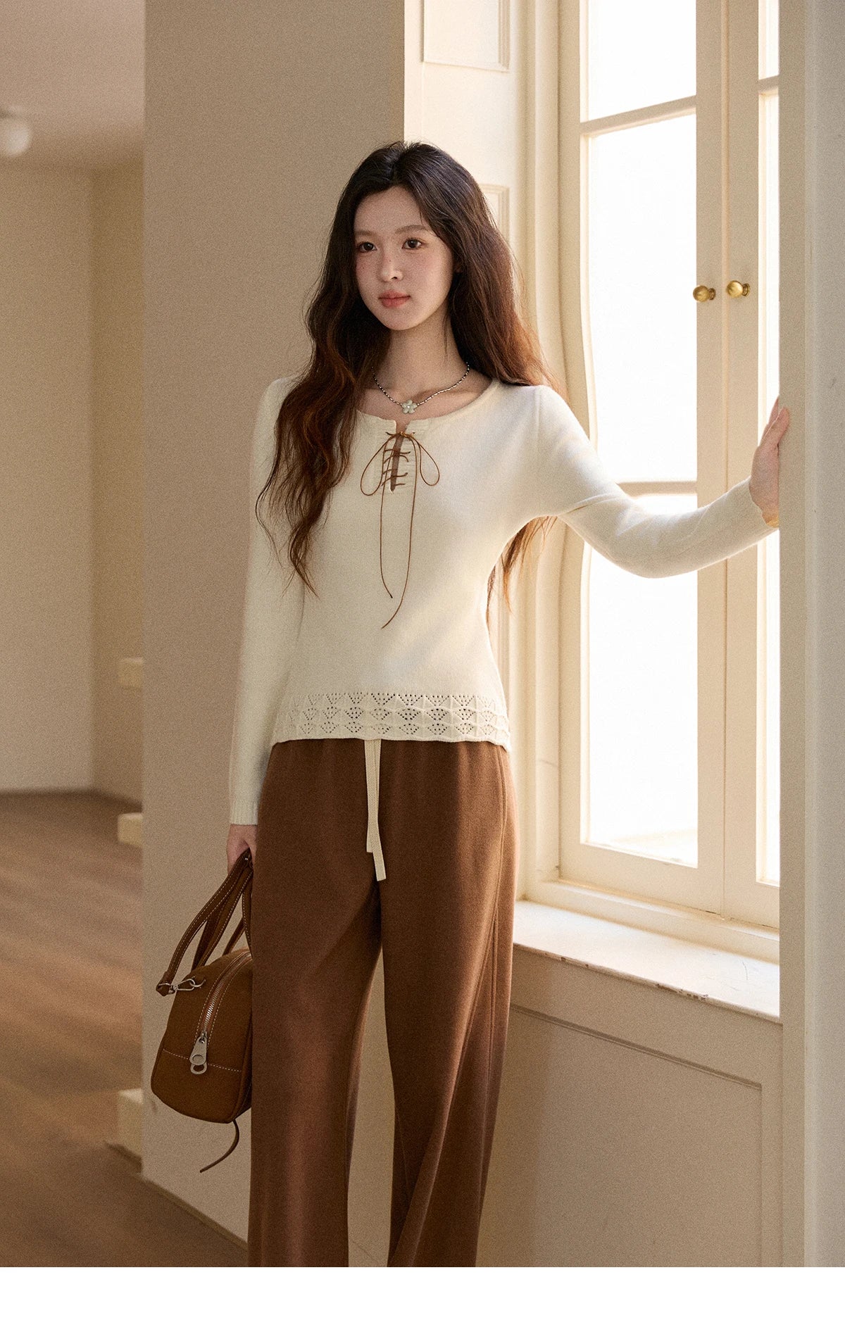 MISHOW Woman Beige Knit Top 2025 Winter Contrast Color French Style Hem Hollow Crochet Sweater Slim Long Sleeves Top MXE89Z2634