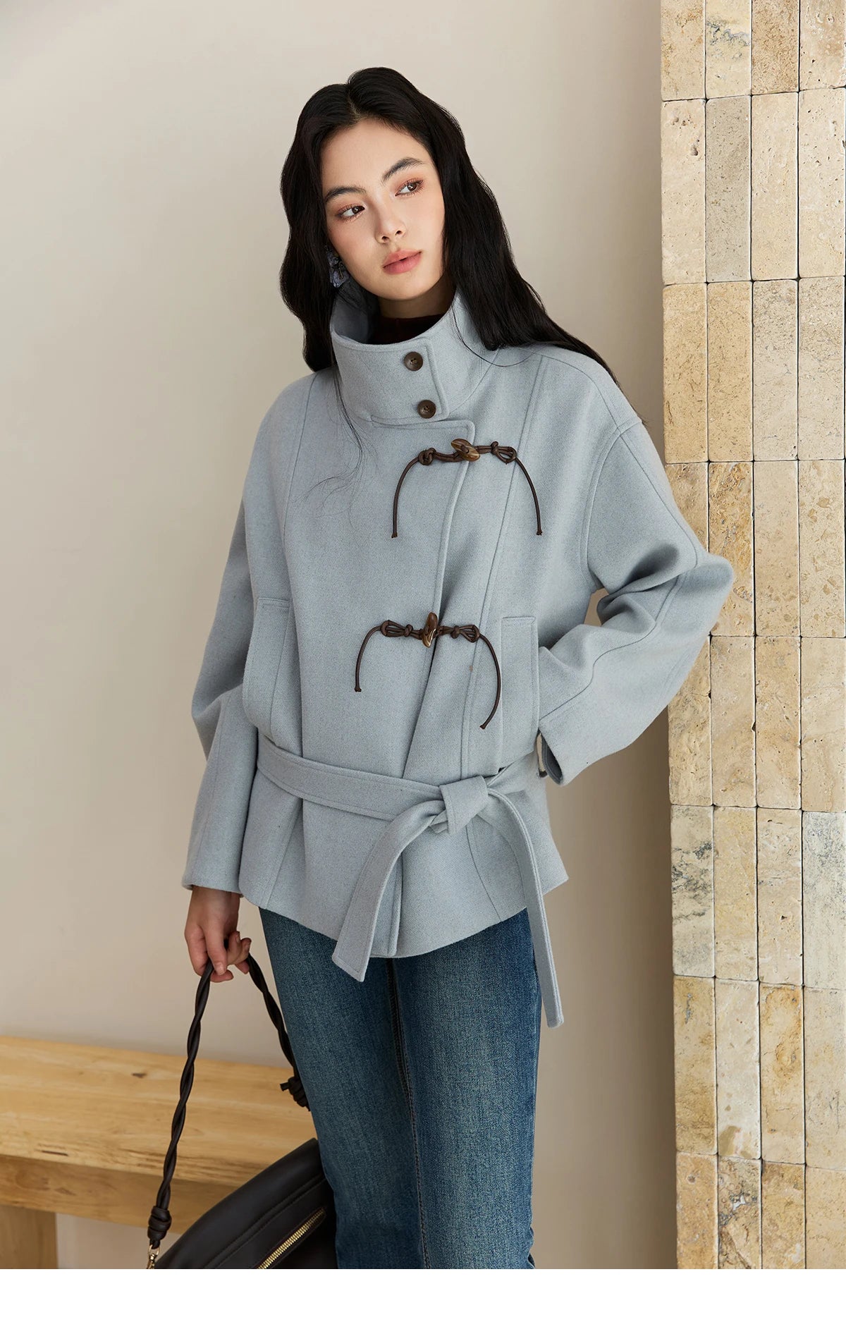 MISHOW Blue Woolen Coat Women 2025 Winter New Double-breasted Lace Up Coat Mid-length Windbreaker Women's Clothing MXE51W0872