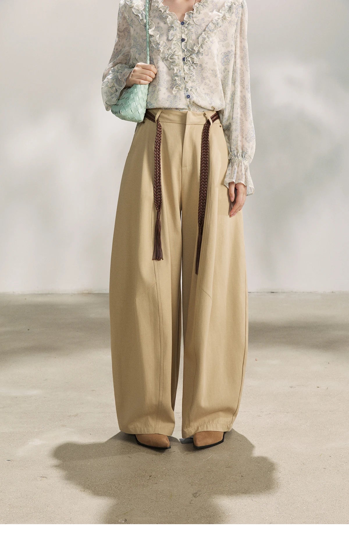 MISHOW Women's Khaki Wide Leg Pants 2026 Spring High Waist Belted Pants Rear Fake Pocket Design Casual Loose Trousers MXF13K1237