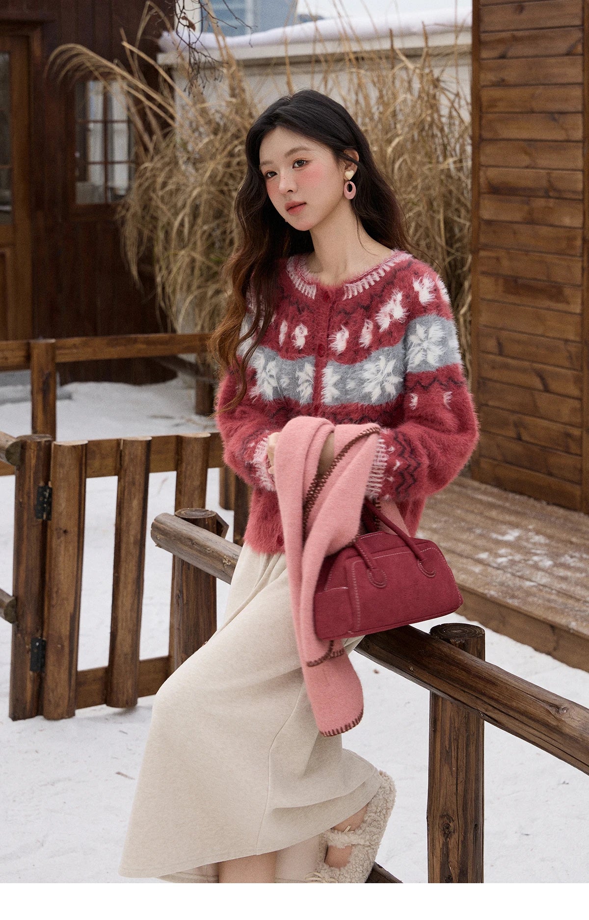 MISHOW Christmas Retro Red Imitation Mink Fur Soft Cardigan 2025 Winter Snowflake Jacquard Sweater Round Neck Tops MXE91Z2801