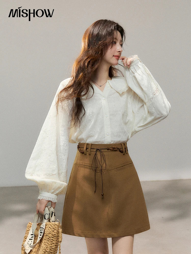 MISHOW Women's Beige Apricot Lace Shirts 2026 Spring Peter Pan Collar Micro Lantern Sleeves Top Casual Elegant Shirt MXF108C0813