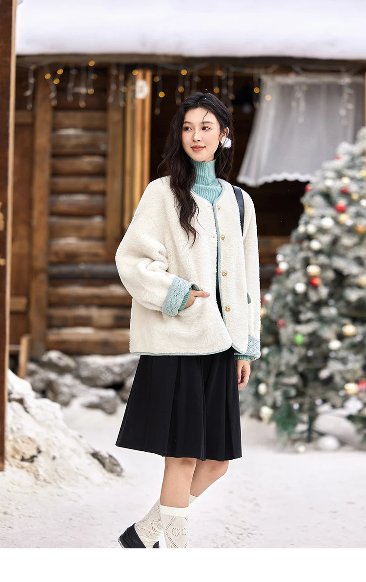 MISHOW Lamb Wool Jacket Women Cuffs Spliced Lace Metal Buttons Design Suede Plush Soft Warm Solid Leather Fur Coats MXD58W0740