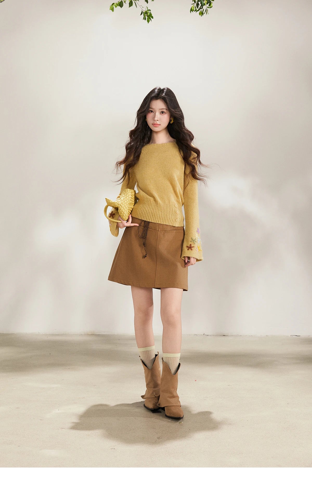 MISHOW Floral Embroidered Boat Neck Flare Sleeve Knit Tops 2026 Spring Side Button Slim Casual Soft Yellow Sweater MXE94Z2864