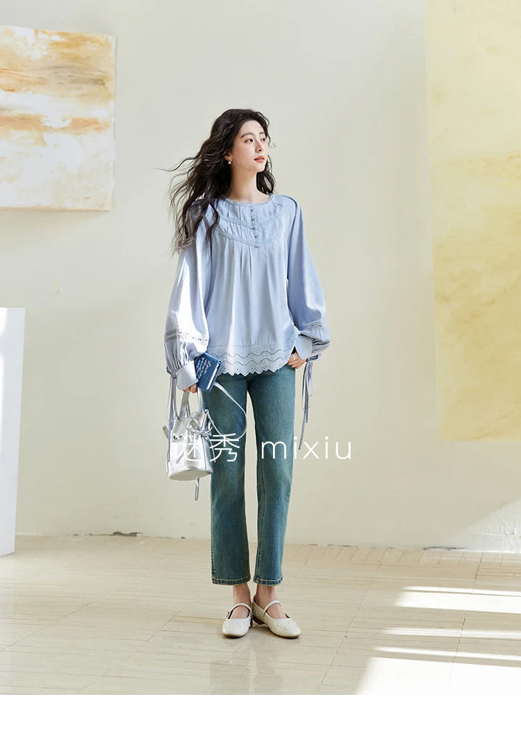 MISHOW Blue Lace Patchwork Shirt for Women 2025 Spring Sleeve Lace-up Hem Wave Edge Top Lantern Sleeve Loose Shirt MXE14X1716