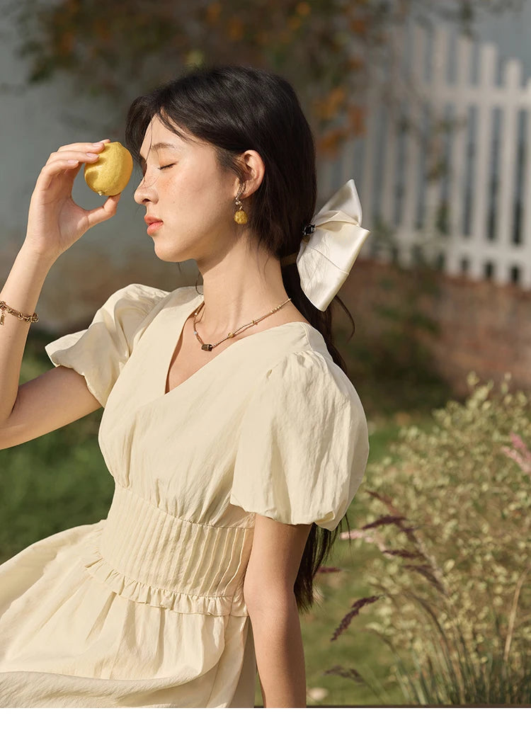 MISHOW French Summer Dresses Women 2025 New Short Puff Sleeve V-neck Solid Cotton Blended Dress Female Slimming MXE34L2288