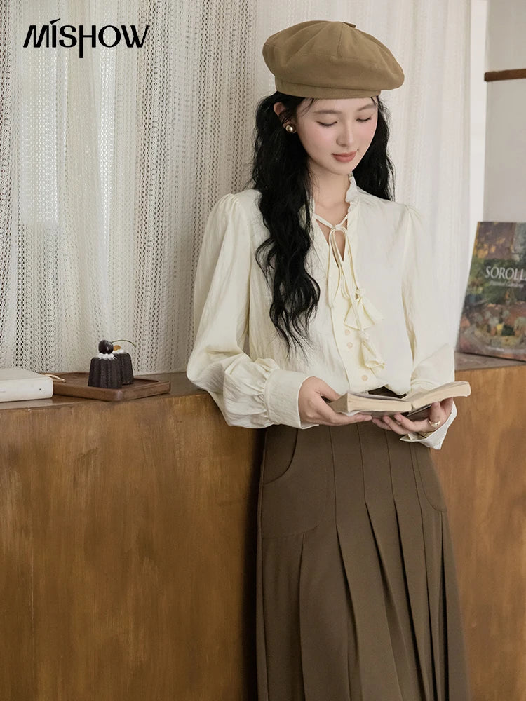 MISHOW Flower Bud Tie Lyocell Shirt for Women Autumn 2024 Temperament Solid Long Sleeve Pullover Tops Office Lady MXD42X1640