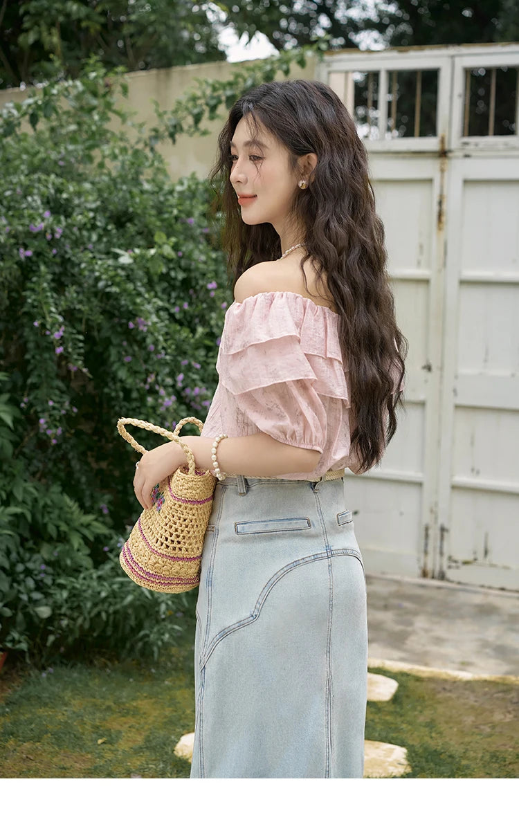 MISHOW French Retro Floral Short Sleeve Blouses Summer 2025 Loose One Line Shoulder Ruffled Edge Lace Up Sweet Top MXD25X1520