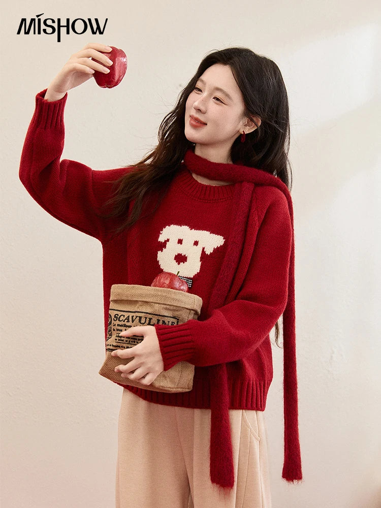 MISHOW New Year Women's Puppy Jacquard Crew Neck Knit Sweater 2026 Spring Loose Casual Red Sweater Excluding Scarf MXE93Z2932