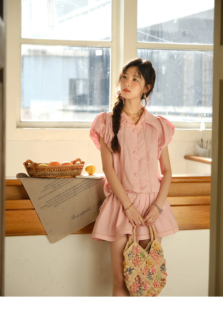 MISHOW 2 Pieces Set for Woman 2025 Summer New Loose Sweet Short Sleeve Button Shirt Casual Shorts Set Ladies Clothing MXE34T0591