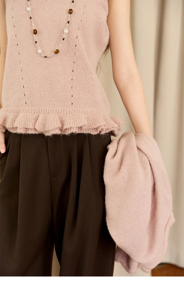 MISHOW Knit Cardigan for Women 2025 Autumn Elegant Pink Crew Neck Cardigan Loose Suspenders Two-piece Suit for Women MXE48T1404