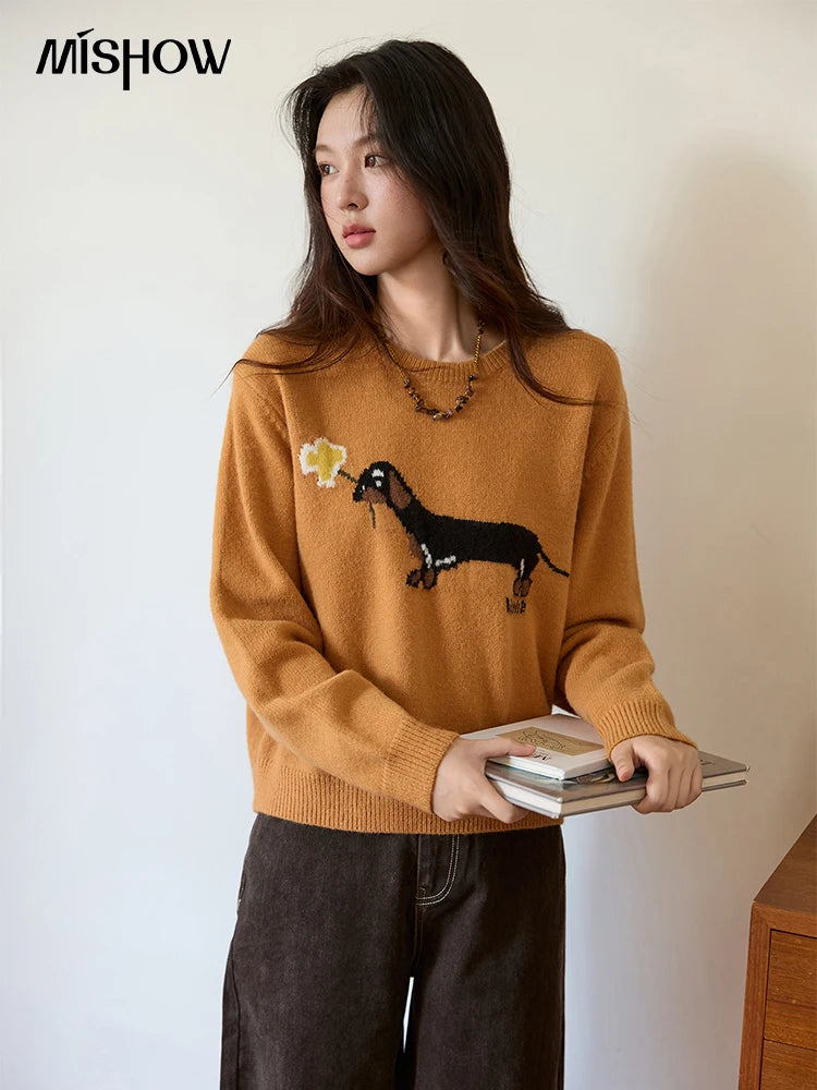 MISHOW Orange Round Neck Pullover for Women 2025 Autumn Winter New Sausage Dog Cartoon Jacquard Loose Casual Kint Top MXE48Z2578