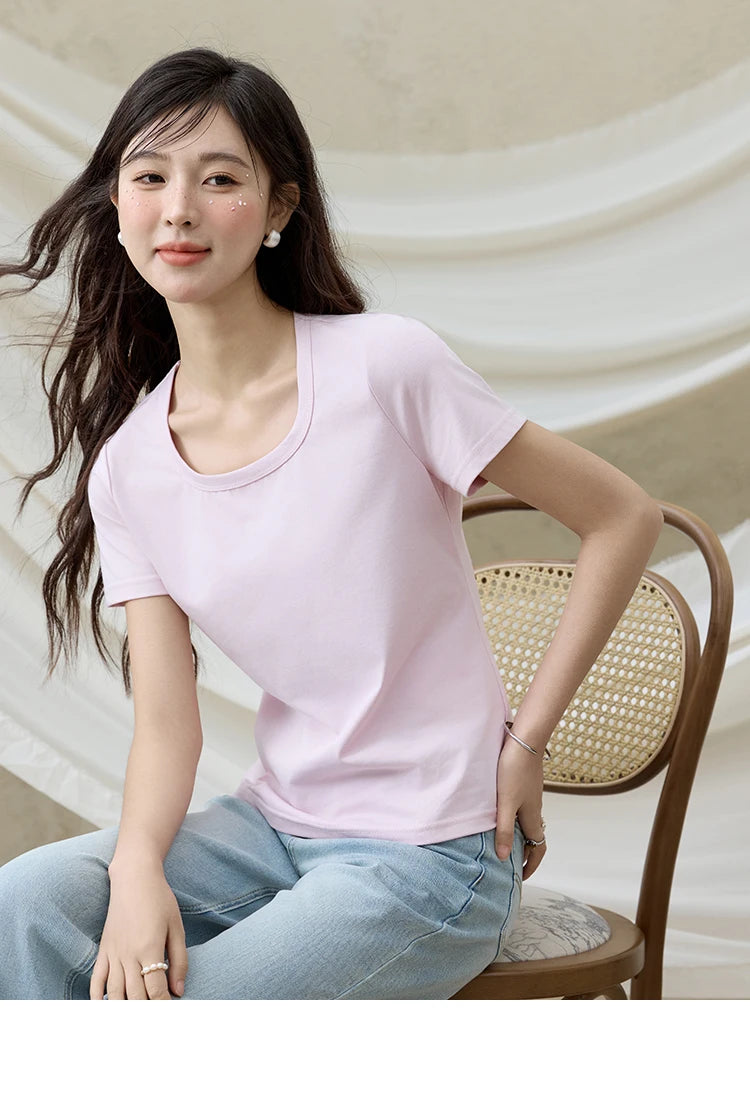 MISHOW Solid Casual T-shirts Women Summer 2025 New Square Neck Short Sleeve Shirt Female Fashion Straight Tops Woman MXE15T0483