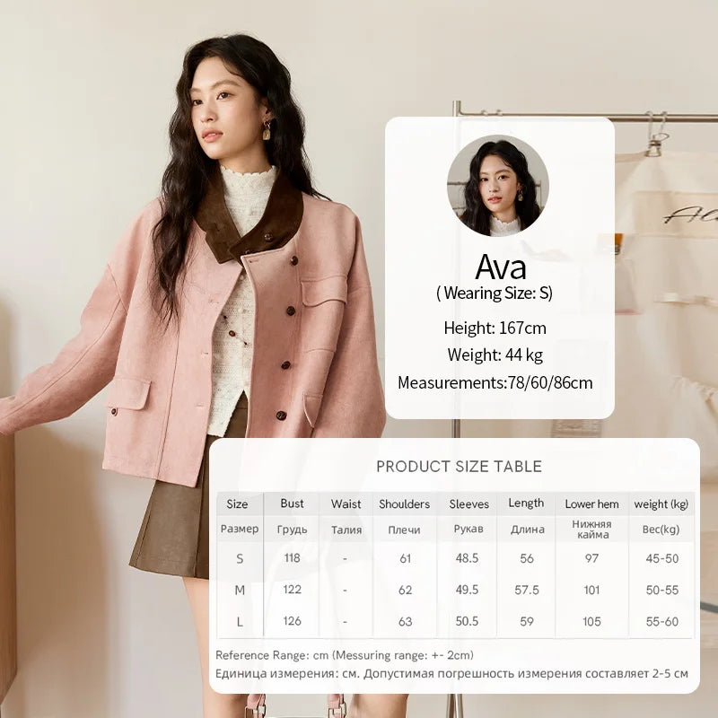 MISHOW Woman Jacket 2025 Autumn French Style Pink Coffee Suede Jacket Contrast Color Stand Collar Loose Short Coat MXE48W0851